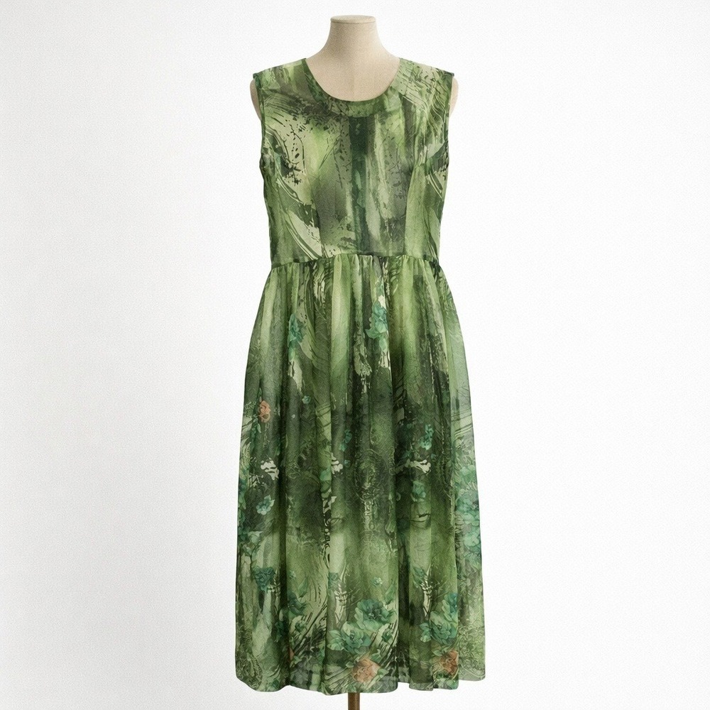 Handmade Floral Fairy Grunge Sheer Maxi Dress Size L Green Flowy Ethereal Boho